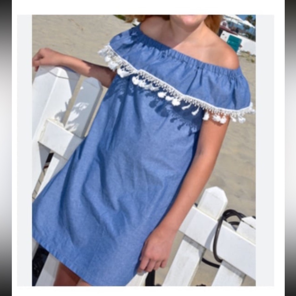 Off-Shoulder Blue Pom-Pom Trim Dress by 5 Loaves